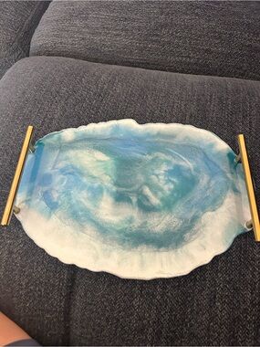 Blue & White Resin Vanity Tray with Gold Handles